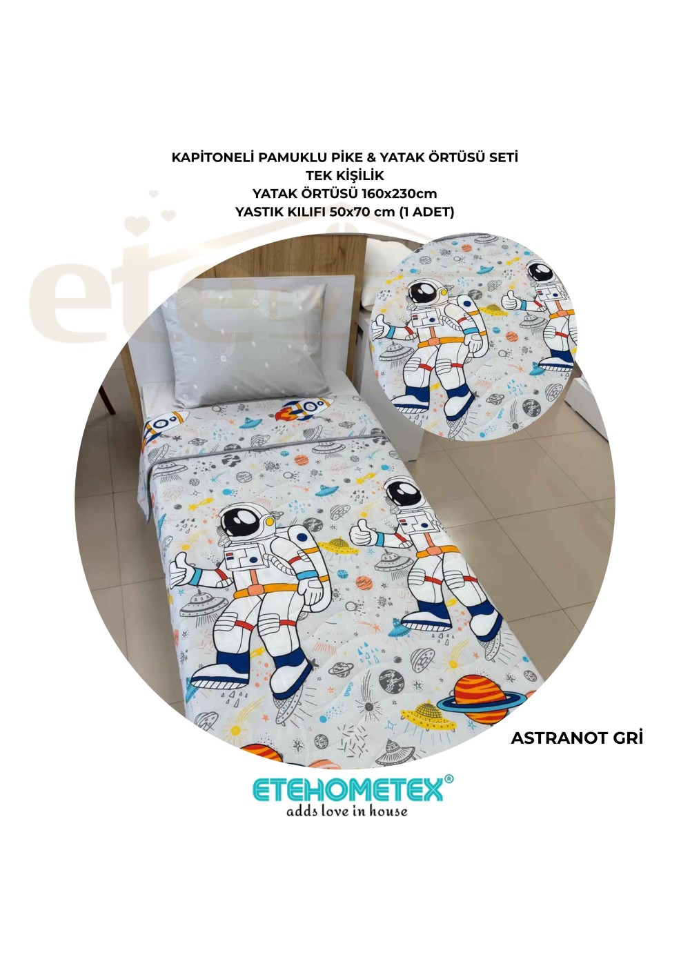 ETEHOMETEX Pamuklu Kapitoneli Yatak Örtüsü Seti TEK KİŞİLİK ASTRANOT GRİ 8696474232103